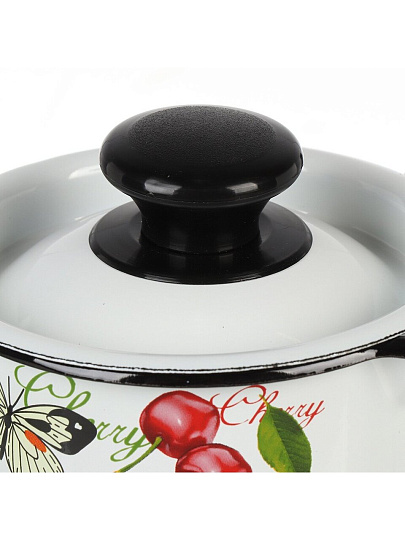 Ковш сталь, эмалированное покрытие, 1 л, крышка сталь, стальная ручка, индукция, Керченский металлургический завод, Черешенка, 90204-072/4, белый