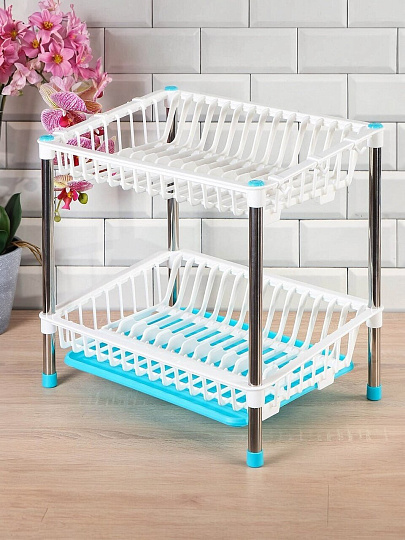 Сушилка для посуды, нержавеющая сталь, 2 яруса, с поддоном, 44х32.5х43 см, Y387