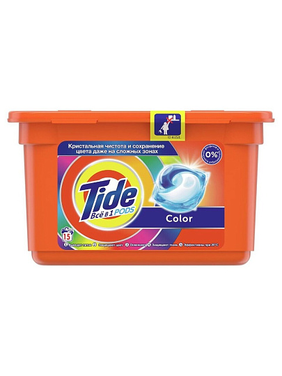 Капсулы для стирки Tide, Все в 1 Pods Color, 15 шт, капсула 22.8 г