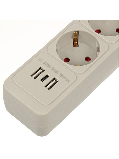 Сетевой фильтр 5 гнезд, 4.7 м, ПВС, 3х1 мм², с заземлением, 16 А, +2USB +TYPE C 2.0, 3.5 кВт, серый, Jett, 171-605
