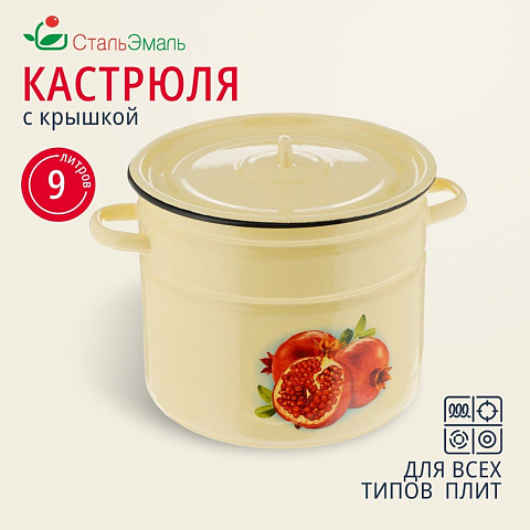 Кастрюля эмалированная сталь, 9 л, с крышкой, крышка сталь, СтальЭмаль, 1с200с, в ассортименте, индукция