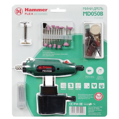 Дрель Hammer, MD050B, цанговый патрон, 3.2 мм, 120 Вт, 1 скорость, 80 аксессуаров, мини