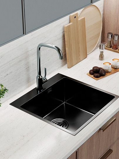 Мойка кухонная врезная, Mixline, Pro, нержавеющая сталь, 500х500х200 мм, 2 мм, выпуск 3 1/2, с сифоном, черный графит