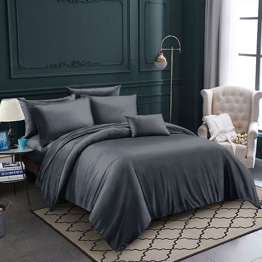 Постельное белье евро, простыня 220х240 см, 2 наволочки 70х70 см, пододеяльник 200х220 см, Майская ночь, страйп-полисатин, серое, 30/005-PSS/MAY