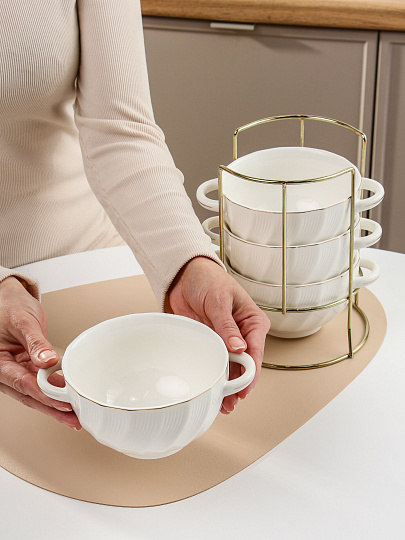 Бульонница фарфор, 4 шт, 650 мл, металлическая подставка, Золотая линия, ТМ Глория, 202357