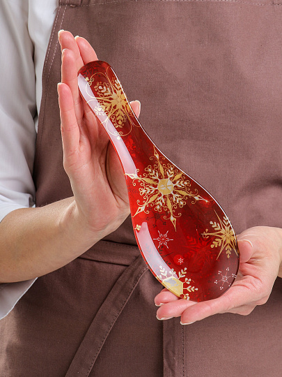 Подставка для ложки, стекло, 23х8 см, Снежинки на красном, Daniks