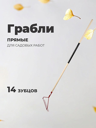 Грабли прямые, 14 зуб, сталь, с выносной тулейкой, садовые, черенок деревянный