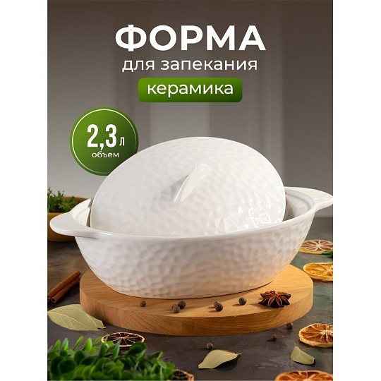 Кастрюля для запекания керамика, 20х32х8.5 см, 2 л, овальная, с крышкой, Антарктида, Y6-10219/Y4-9182