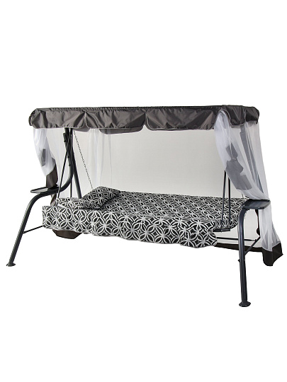 Качели садовые 3-местные, 231х126х147.8 см, 210 кг, Olsa, Варшава, раскладываются в кровать, с москитной сеткой, серые, геометрия, подушка, с1804, металл