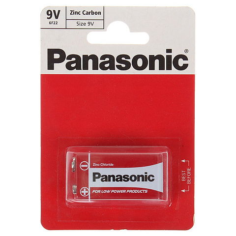 Батарейка Panasonic, 9V (6F22), Zinc-carbon, солевая, 9 В, блистер