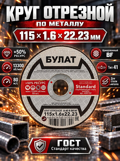 Круг отрезной по металлу, Булат, BF, диаметр 115х1.6 мм, посадочный диаметр 22.23 мм, зернистость A60, тип 41, R 80 м/с
