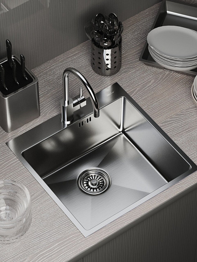 Мойка кухонная врезная, Mixline, Pro, нержавеющая сталь, 500х500х200 мм, 3 мм, выпуск 3 1/2, с сифоном, сатин