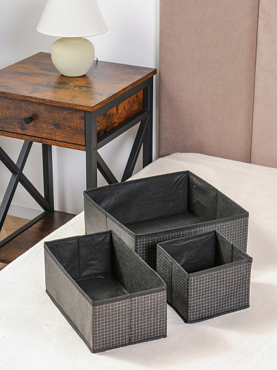 Кофр для хранения, складной, 3 шт, черная клетка, 29х29х12, 29х16х12, 15х14.5х13, A190051