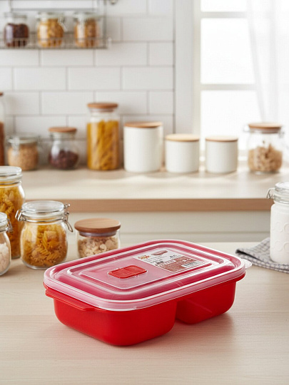 Контейнер пищевой пластик, 22.5х15.5х6.5 см, красный, прямоугольный, 2х0.6 л, с клапаном, DDStyle, 31205