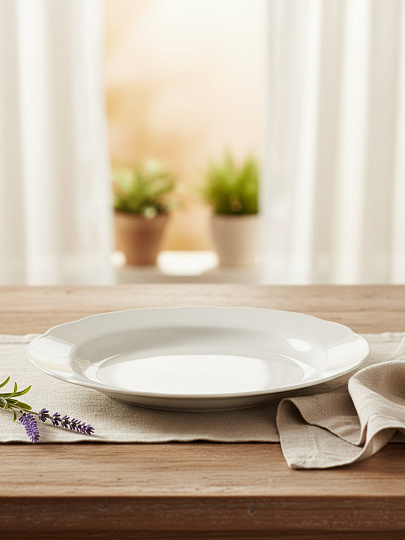 Тарелка обеденная, фарфор, 24 см, круглая, Вырезной край Белая, Дулевский фарфор, 02117