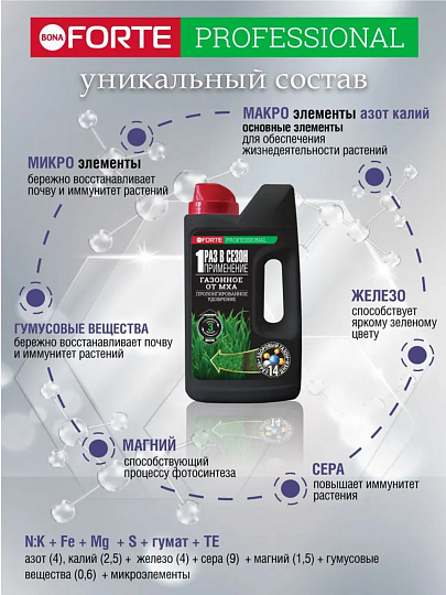 Удобрение Газонное, от мха, минеральное. канистра, гранулы, 1 кг, Bona Forte