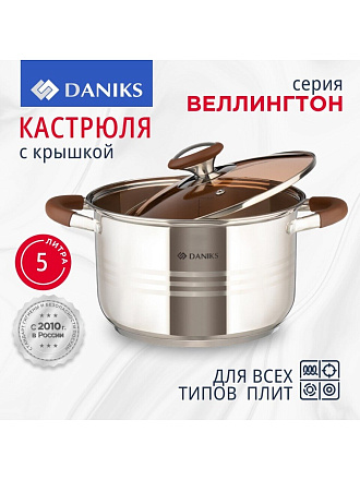 Кастрюля нержавеющая сталь, 5 л, крышка стекло, Daniks, Веллингтон, GS-01415-22CA, индукция
