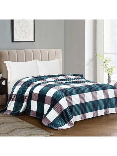 Плед 2-спальный, 180х200 см, велсофт жаккард, 100% полиэстер, Silvano, Полоски, Клетка, бирюзовый, SТ-203/ST-346