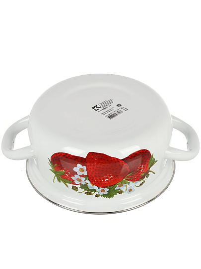 Кастрюля эмалированная сталь, 1.5 л, крышка сталь, сферический, Керченский металлургический завод, Клубника садовая, 61904-082/6, белая