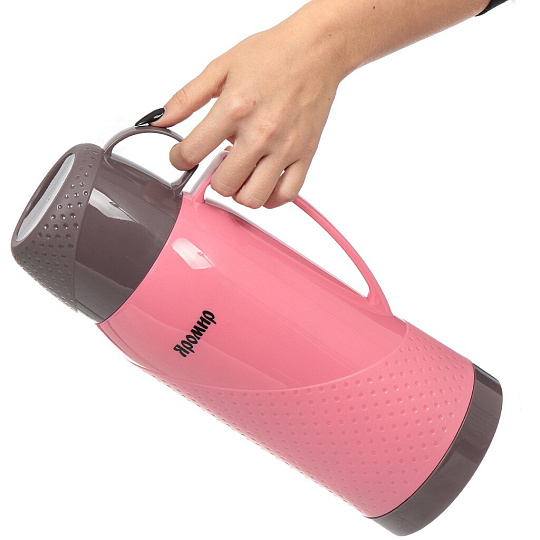 Термос пластиковый со стеклянной колбой Яромир ЯР-2023С/2 с узким горлом розовый с коричневым, 1.8 л