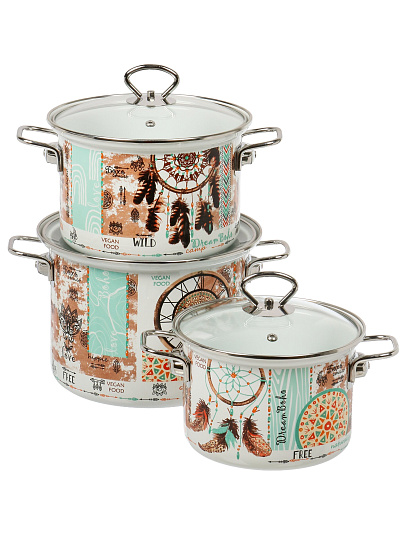 Набор посуды эмалированная сталь, 6 предметов, 1.9, 2.5, 5 л, индукция, Керченский металлургический завод, Бохо-5-1-Элит, белый