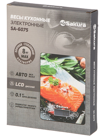 Весы кухонные электронные, стекло, Sakura, платформа, точность 1 г, до 8 кг, хлеб, SA-6075BR