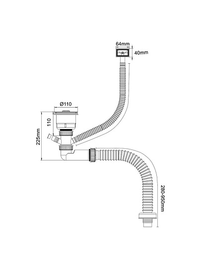 Сифон для мойки, 3" 1/2х40, полипропилен, с выпуском, универсальный перелив, с отводом, с гофрой, Orio, Nordform, Д-11053У