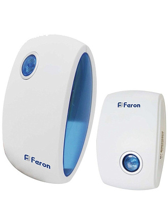 Звонок дверной беспроводной, на батарейках, 36 мелодий, кнопка IP 20, 2 х 1.5 В, АА, белый, синий, Feron, Е376, 23689