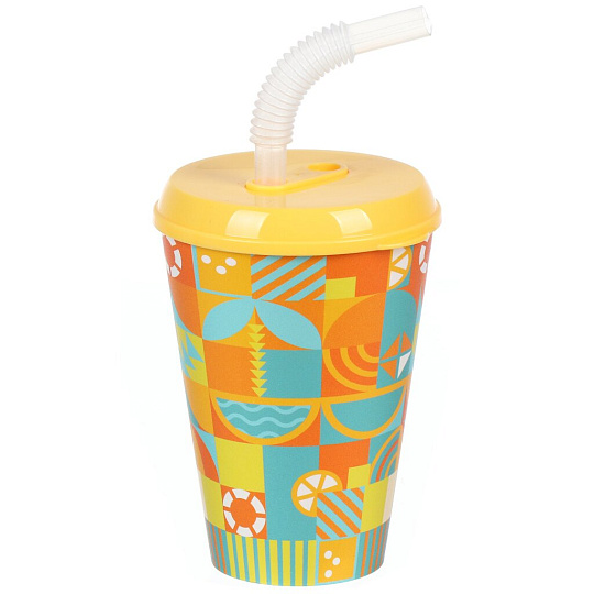 Стакан 420 мл, пластик, IZI-GO, Геометрия, с трубочкой, с крышкой, с декором, 0403/01