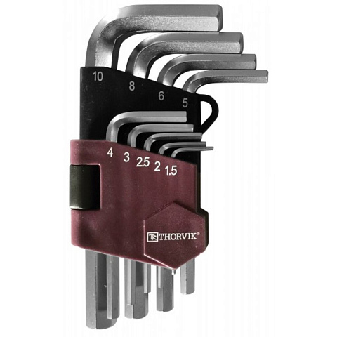 Набор ключей имбусовых, HKS9S, 9 предметов, Thorvik, 1.5-10 мм, шестигранник, короткий, 53021