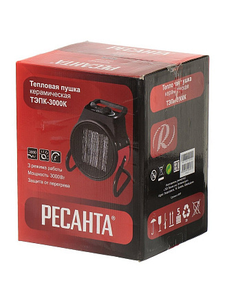 Пушка тепловая электрическая, Ресанта, ТЭПК-3000K, 3 кВт, 300 м³/ч, керамический элемент, 3 режима, круглая, 67/1/27