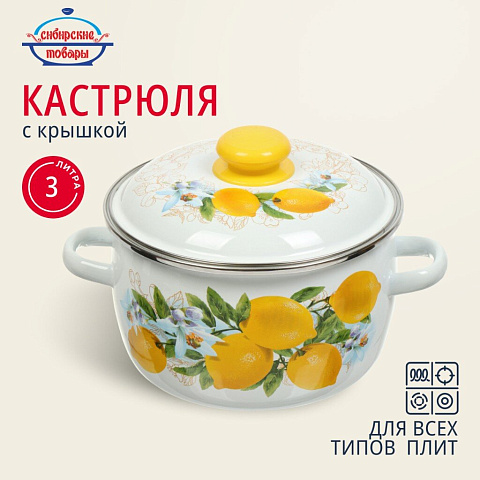 Кастрюля эмалированная сталь, 3 л, с крышкой, крышка сталь, сферический, Сибирские товары, Лимоны, 3MC181P, индукция