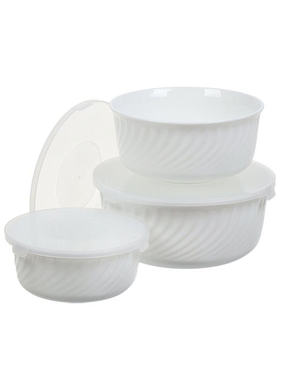 Салатник стеклокерамика, круглый, 3 шт, 9 см, 19, 16, 14 см, 0.5, 0.8, 1.4 л, с крышкой, Белый, Daniks, HDW-55/66/75 292666