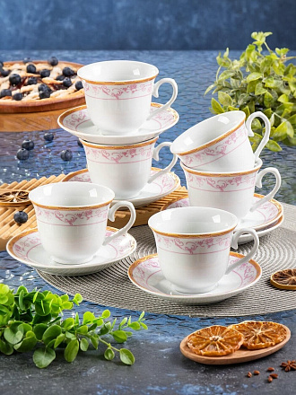 Набор чайный керамика, 12 предметов, на 6 персон, 230 мл, Золотые блики, подарочная упаковка