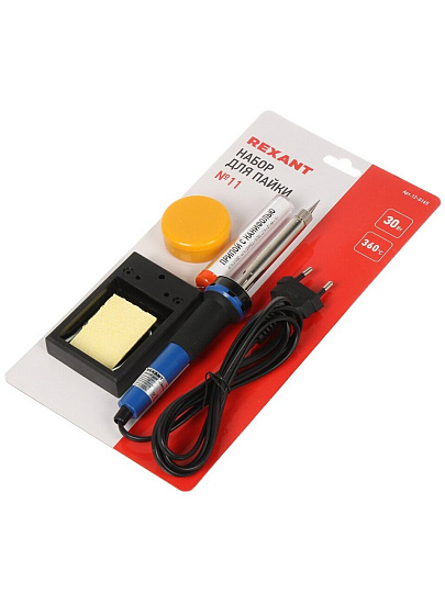 Набор для пайки сетевой, 30 Вт, 230 В, рукоятка пластик, жало типа конус, с подставкой, паяльник, губка для удаления припоя, канифоль, припой, Rexant, №11, 12-0165