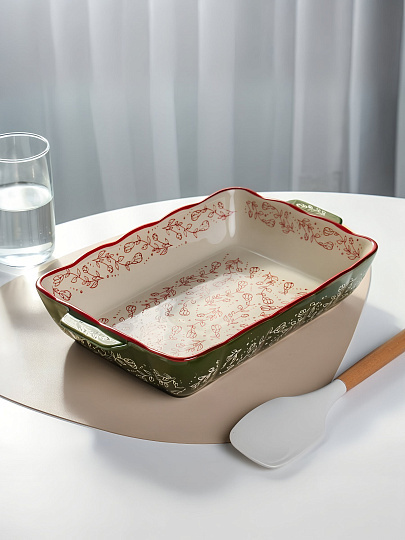 Форма для запекания керамика, 20.8х33 см, 2.2 л, прямоугольная, Зеленые веточки, Y4-9767