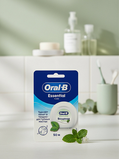 Зубная нить Oral-B, Essential floss мятная, взрослая, вощеная, 50 м