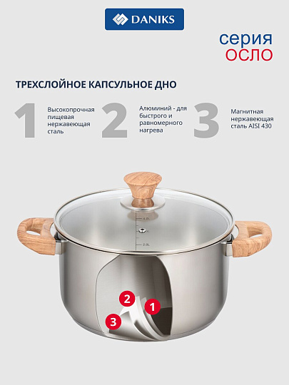 Набор посуды нержавеющая сталь, 10 предметов, кастрюли 2.9,3.9,6 л, ковш 2.1 л, сковорода 24 см, индукция, Daniks, Осло, GS-01147-10PC