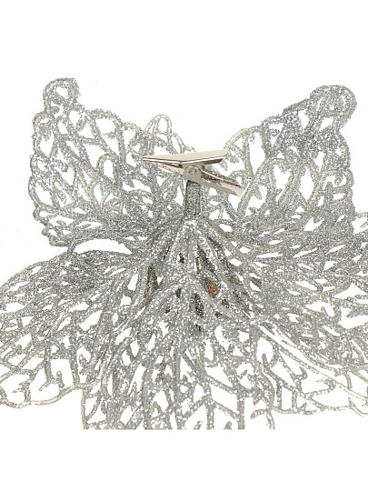 Елочное украшение Пуансеттия, серебро ажур, 15 см, на прищепке, Y4-3005