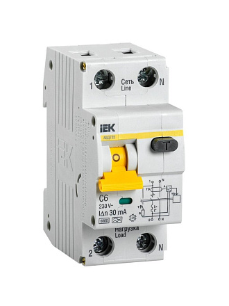 Автоматический выключатель на DIN-рейку, IEK, АВДТ 32 C6, 2 полюса, 6, 6 кА, 230 В, 30 мА, MAD22-5-006-C-30