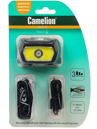 Фонарь налобный, встроенный аккумулятор, Camelion, LED53413, пластик, type-C, карбон, 15765