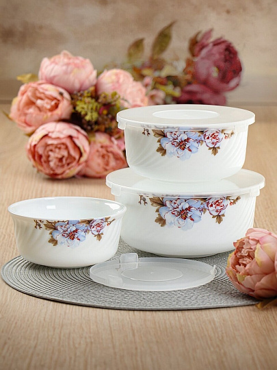 Салатник стеклокерамика, круглый, 3 шт, 9 см, 19, 16, 14 см, 0.5, 0.8, 1.4 л, с крышкой, Орлеан, Daniks, BY14HDW-3-T36