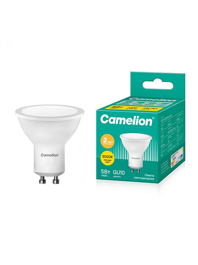 Лампа светодиодная GU10, 5 Вт, 45 Вт, 220 В, рефлектор, 3000 К, теплый белый свет, Camelion, 10956
