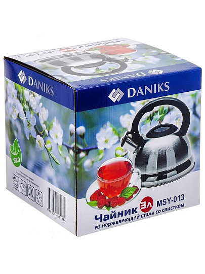 Чайник нержавеющая сталь, 2.8 л, со свистком, матовый, ручка с силиконовым покрытием, Daniks, MSY-013