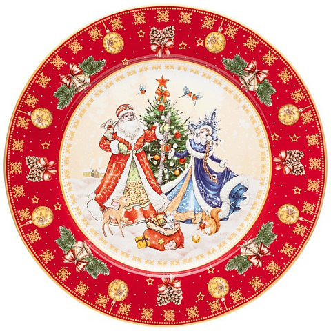 Тарелка обеденная, фарфор, 27 см, круглая, Дед Мороз и Снегурочка, Lefard, 85-1716, красная