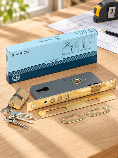 Замок врезной Apecs, 2200/60-G, 2882, без ручки, цилиндровый, золотой
