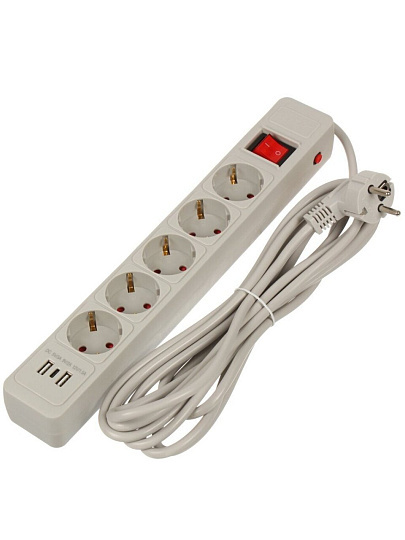 Сетевой фильтр 5 гнезд, 4.7 м, ПВС, 3х1 мм², с заземлением, 16 А, +2USB +TYPE C 2.0, 3.5 кВт, серый, Jett, 171-605