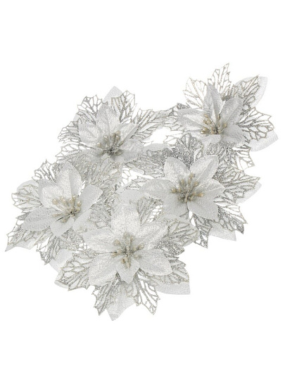 Елочное украшение Пуансеттия, серебро, 16 см, на прищепке, набор 5 шт, Y4-9820МП