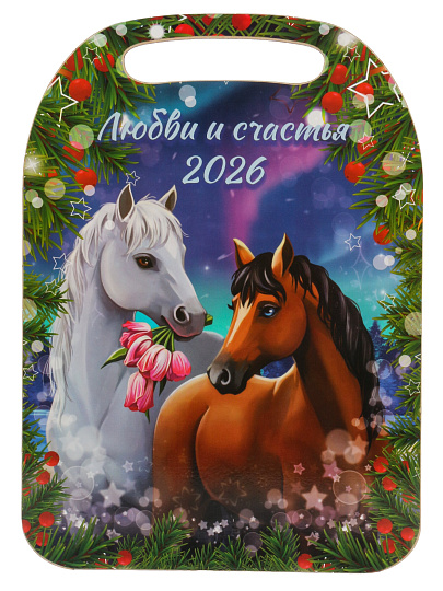Доска разделочная дерево, 29х21х0.6 см, с ручкой, Новый Год 2026, К-300