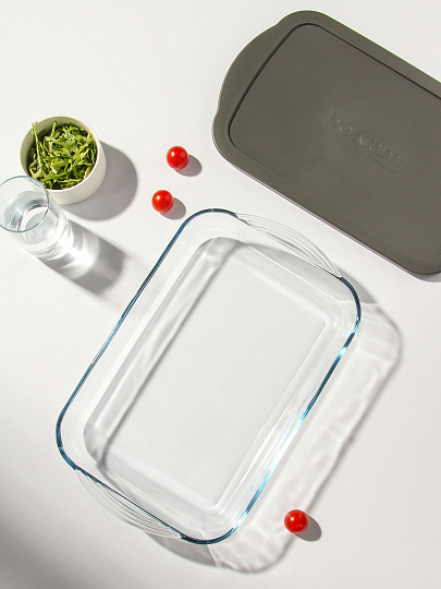 Форма для запекания стекло, 25х40х6 см, 3.85 л, прямоугольная, с крышкой, Borcam, 59124GREY